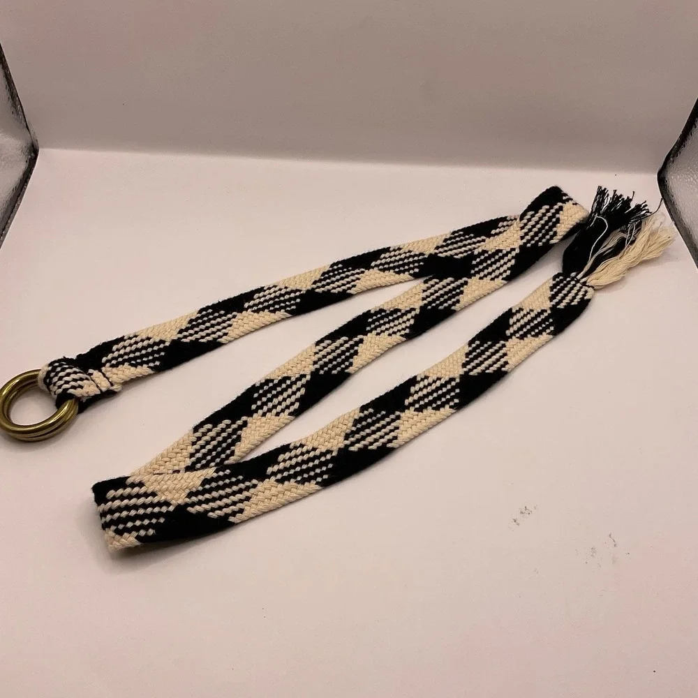 Madewell Cream and Black Design Circle Buckle Braided Belt Checkerboard Pattern